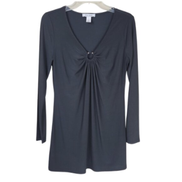 White House Black Market Womens Black V-Neck Tunic Top Gathered Front Detail - Picture 1 of 9